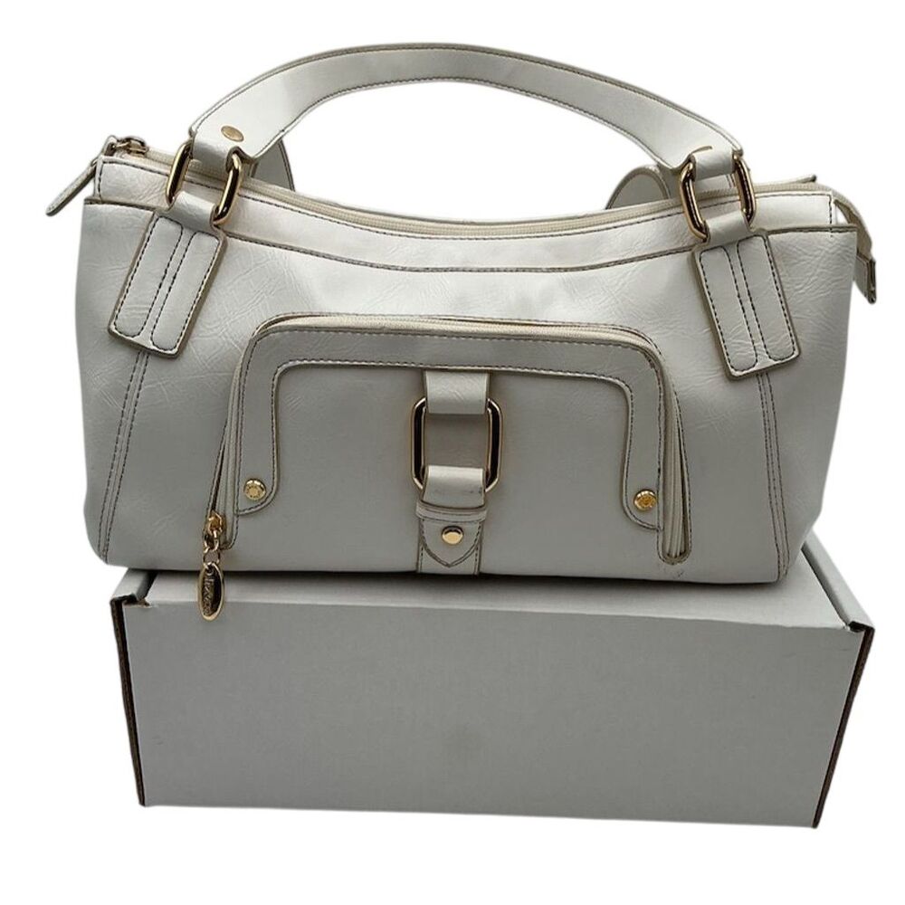 Liz & Co Women's White Leather Shoulder Bag Gold Accents Zip Closure